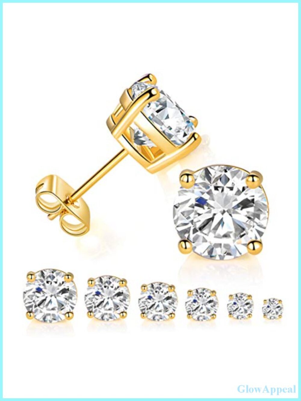 6 Pairs 14K Yellow Gold Plated Round Cut Clear Cubic Zirconia Stud Earrings